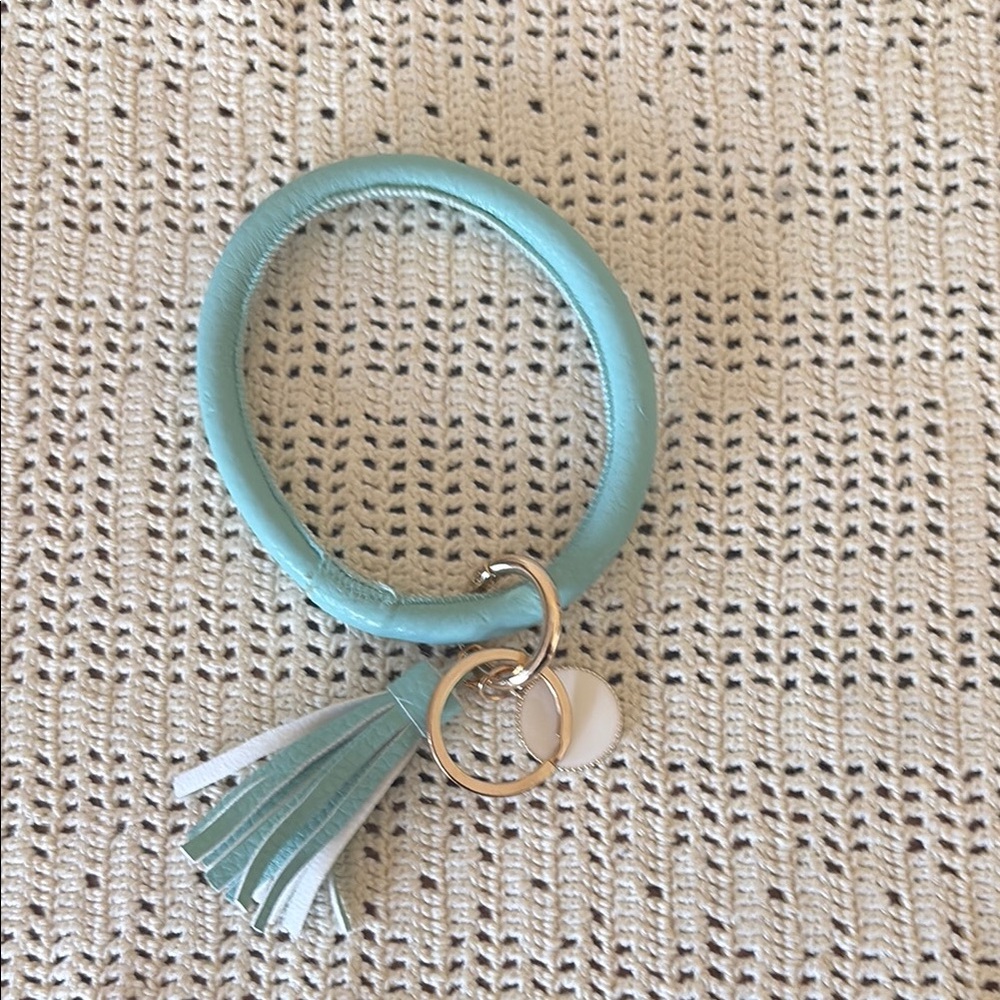 Soft Aqua Leather Tassel Keychain Bracelet Gold Trim